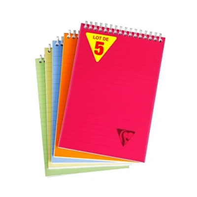 Image of Clairefontaine &#039;Linicolor&#039; Wirebound Notepads, A4, Lined, 90g, 80 Sheets Assorted Colours, Pack of 5