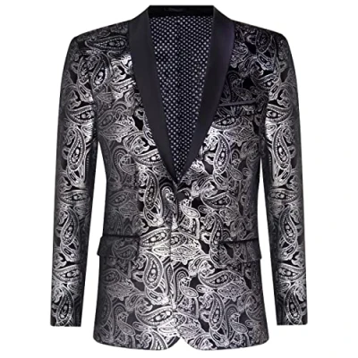 Image of TruClothing Mens Classic Silver Paisley Black Velvet Tuxedo Dinner Jacket Tailored Blazer Size 46 (Chest)