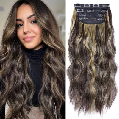 Image of 4PCS Hair Extensions Clip in, 20 Inches Long Curly in Extension, Synthetic on Extensions, Soft Wavy Brown (Brown Mixed light Blonde, 4Pcs)