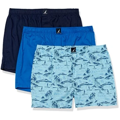 Image of Nautica Men&#039;s Cotton Woven 3 Pack Boxers Shorts, Spinner Blue/Peacoat/Tropical Scenic Print, M