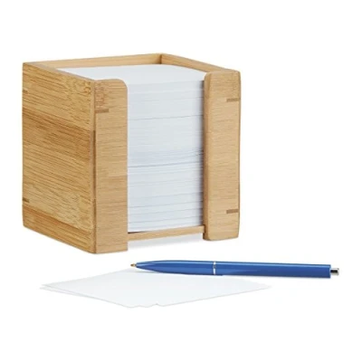 Image of Relaxdays Bamboo Note Dispenser, Wooden Sticky Holder, Desk Organiser, H x W D: 10.5 cm, Natural