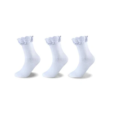 Image of 6 x Pair Girls Kids WHITE LACE Frilly Top Ankle Daily Use School Socks (6, 12 3)