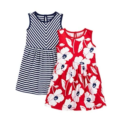 Image of Simple Joys by Carter&#039;s Baby Girls&#039; Short Sleeve and Sleeveless Dress Sets, Pack of 2 Casual, Navy Stripes/Red Poppy Print, 5 Years