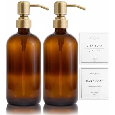 Image of Vine Creations Amber Glass Soap Dispenser 2 Pack, Thick 16oz Bottles Rustproof Stainless Steel Pump, Kitchen Bathroom Accessories, Hand Dish Dispenser, with Waterproof Labels (Brushed Brass)