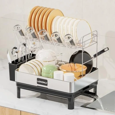 Image of LIONONLY 2 Tier Dish Drainer Rack,Premium 304 Stainless Steel Drying Rack,Anti Rust Draining Board Rack with Cup Holder,Swivel Spout &amp; Utensil Holder,Dish Racks for Kitchen Counter