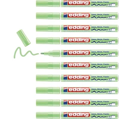 Image of edding 751 gloss paint marker pastel green 1 round nib 2 mm pen for glass, pebbles, wood, plastic, paper waterproof, high coverage