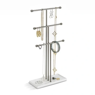 Image of Umbra Trigem Hanging Jewelry Organizer 3 Tier Table Top Necklace Holder, Box and Display with Tray Base, White/Nickel
