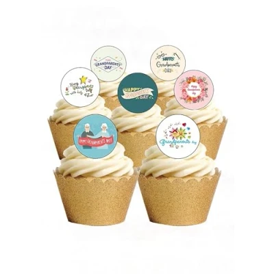 Image of 24 Precut Round Grandparents Day Edible Wafer paper Cake Toppers Decorations