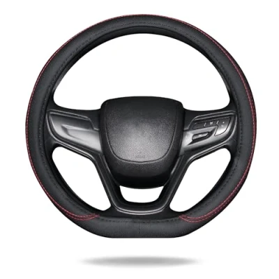 Image of Lifetooler Steering Wheel Covers Type D Universal PU Leather Breathable Anti slip Shape Car Cover Flat Bottom Protector for Men Women 38cm(15&quot;) (black red)