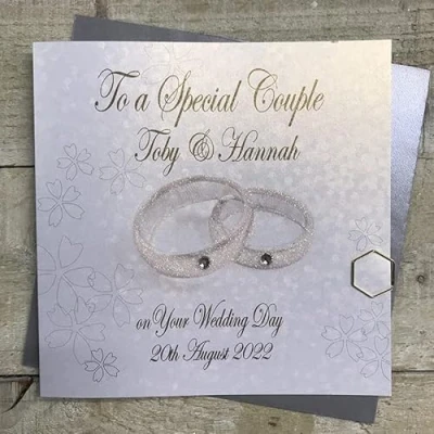 Image of WHITE COTTON CARDS PERSONALISED WEDDING CARD SPECIAL COUPLE GLITTERY RINGS DESIGN. Handmade (PPS158 &amp; XPPS158)