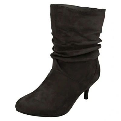 Image of Ladies Spot On Heeled Ruffle Boots Grey Textile UK Size 7 EU 40 US 9