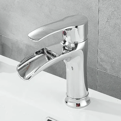 Image of Chrome Basin Mixer Tap, Waterfall Bathroom Sink Taps, Single Lever Hole Lavatory Tap Faucet, Solid Brass SHUNLI
