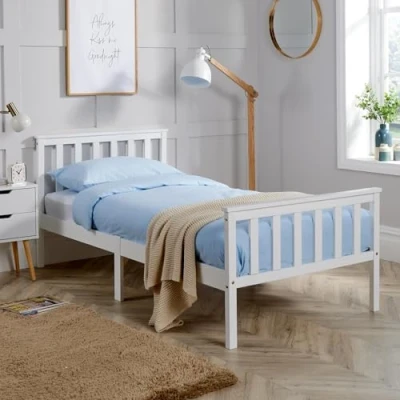 Image of Single Bed White Wooden 3ft Childrens Headboard High End Slatted Base