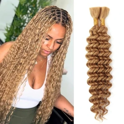 Image of Deep Wave Bulk Human Braiding Hair 16Inch No Weft Micro Wet And Wavy For Boho Braids Knotless Bohemian (27#, 16 Inch(50g/Bundle x2))