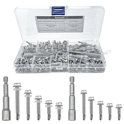 Image of 147pcs M4.2 M4.8 Stainless Steel Self Tapping Hex Head Screws Full Thread Metal Roofing Drill Bolts Hexagonal Dovetail Drilling Tail with Nut Setter, Washers