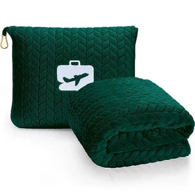 Image of EverSnug Premium Travel Blanket Pillow Soft 2 in 1 Airplane with Bag Pillowcase, Hand Luggage Sleeve and Backpack Clip (Forest Green)