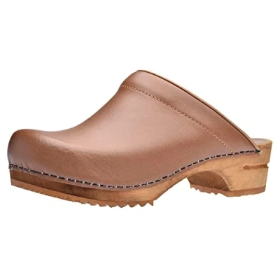 Image of Sanita Lotte Mule Clog Original Handmade Wooden Leather for Women Sustainable Sole Cognac Brown 5 UK