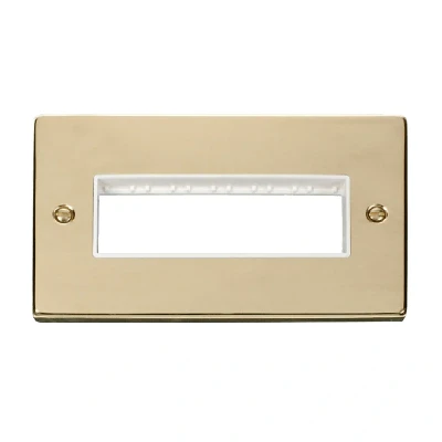 Image of Click Deco 2 Gang Plate 6 Aperture Unfurnished Polished Brass White Inserts