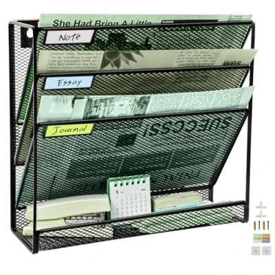 Image of 4 Tier Upgrade Mesh Wall File Holder Organizer with Bottom Flat Tray, Medium Vertical Hanging Organizer, Office Folder Magazine Rack, Nametag Label Hooks Set Included, Black
