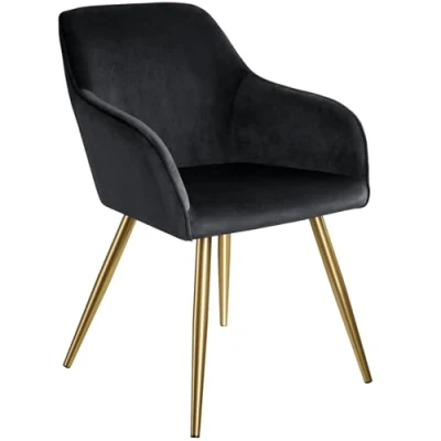 Image of TecTake® Dining Chair in Velvet Look with Gold Steel Legs, Stable &amp; Thickly Padded Armchair, Ergonomic Design Easy Assembly Ideal as Dining, Living Room, Bedroom Office Black/Gold