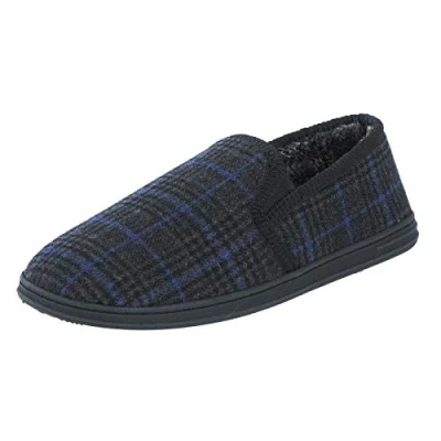 Image of E G O Mens Slippers Traditional Black Checked Fleece Upper Faux Fur Lining Side Elastic Inserts Non Slip Hard Sole 11 UK