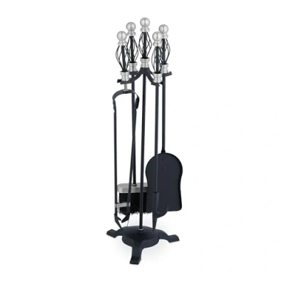 Image of Relaxdays Fireplace Tool Set, 5 Pieces, Poker, Ash Shovel, Broom, Stand, Tongs, Iron, Sturdy Base, Baroque, Black/Silver, 66 x 21 cm