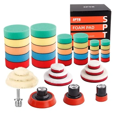Image of SPTA Polishing Pads for Drill, 36PCS 25mm/50mm/80mm Sponge Wool Buffing Set Car Polishers Machine with 1pcs M14 Drill Adapter Polishing, Sanding, Waxing