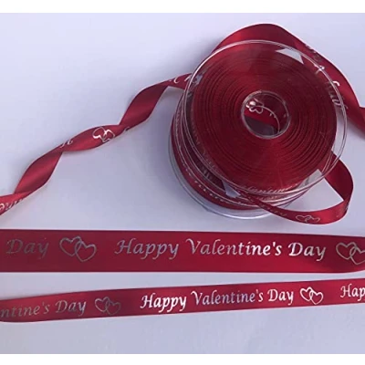 Image of Happy Valentines Day Satin Ribbon 15mm Red with Metallic Silver Print 1 Metre Cut from roll