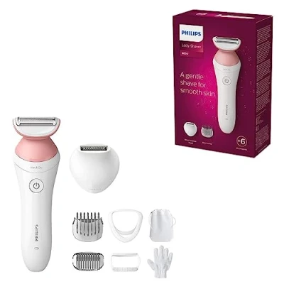 Image of PHILIPS Lady Shaver Series 6000 Wireless Razor with 6 Accessories Body Exfoliating Glove Bikini Zone Trimmer (Model BRL146/00), White/Pink