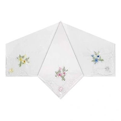 Image of Warwick &amp; Vance Pack Of 3 Womens/Ladies White Handkerchiefs, Floral Embroidered With Scallop Lace Corners, 100% Cotton, 29 x 29cm