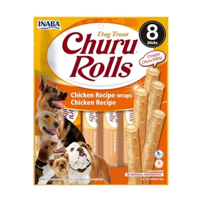 Image of Churu Rolls by INABA Dog Treat Chicken Flavour (8 x 12g) / Crispy Sticks with Creamy Filling Treat, Delicious &amp; Healthy Snack, Hand Feeding, Training Natural, Grain Free