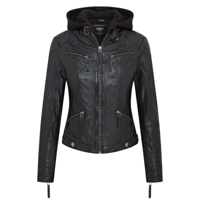 Image of Infinity Leather Womens Hooded Classic Biker Jacket Brazzaville Black Size 10 UK