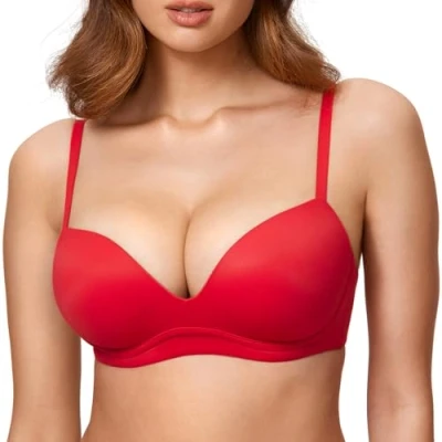 Image of DOBREVA Women&#039;s Push Up Bra Plunge Wireless Comfortable T Shirt Padded Bras Deep Red 38C