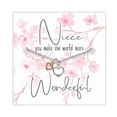 Image of Niece Sterling Silver Rose Gold Heart Necklace Double Two Pendant Box Chain Versatile Design Unique &amp; Thoughtful Gift Birthday Present From Auntie Uncle