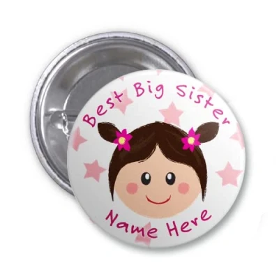 Image of Party Supplies Online Personalised &#039;Best Big Sister&#039; Pin Back Badge Dark Brown Hair 59mm