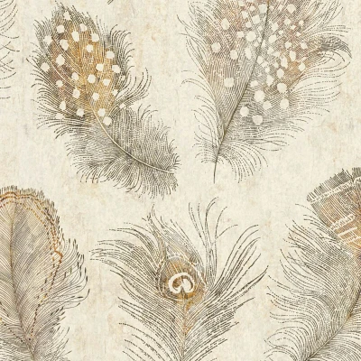 Image of Exclusive luxury wallpaper wall Profhome 791865 hot embossed non woven slightly textured with feather pattern matt cream golden yellow grey