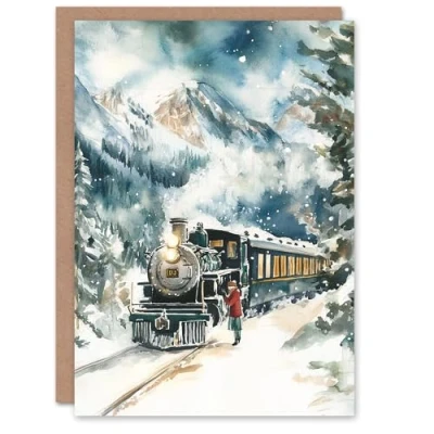 Image of Artery8 Personalised Polar Express Train Winter Landscape For Him Or Her Art Christmas Card