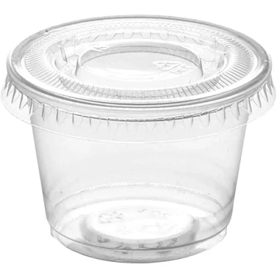 Image of Becky Cameron™ Round 2oz Transparent Plastic Food Containers Lids Deli Pot or Sauce Take Away Chutney Ketchup Restaurant Jelly Shot &amp; Dessert Cups Re Usable (Pack of 50)