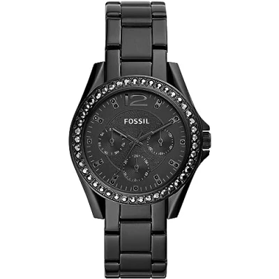 Image of Fossil Watch for Women Riley, Quartz Multifunction Movement, 38 mm Black Stainless Steel Case with a Strap, ES4519