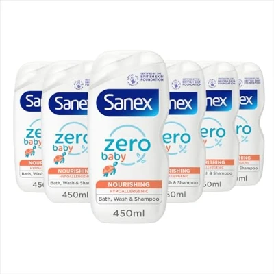 Image of Sanex Zero% Hypoallergenic Nourishing Baby Bath Foam &amp; Shampoo 450ml x 6 0% colourants, sulphates* soap leaves skin feeling soft and hydrated paediatrician approved tear free formula