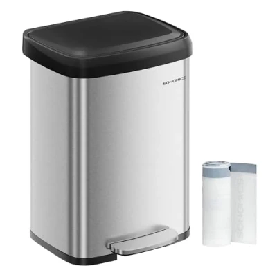 Image of SONGMICS Kitchen Bin, 13 Gallon (50 L) Rubbish Metal Waste Pedal Bin with Lid, Tall and Large, Silver Black LTB530E50