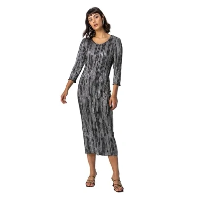 Image of Roman Originals Women Foil Stripe Print Plisse Midi Dress Ladies Spring Everyday Summer Evening Vacation Work Holiday Long Sleeve Smart Casual Silver Size 10