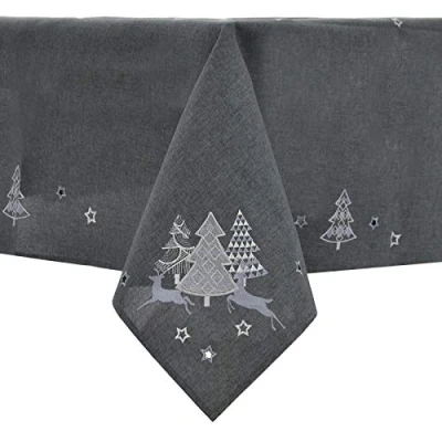 Image of Mr Crimbo Christmas Tablecloths Napkins Dark Grey Fabric Luxury Silver Embroidered Trees 52 x 90cm