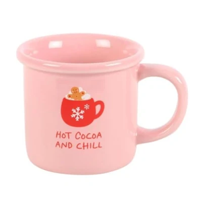Image of Pink Hot Cocoa and Chill Mug Ceramic 12oz Cup, Microwave Dishwasher Safe, Ideal for Cozy Winter Evenings, Gift Chocolate Lovers