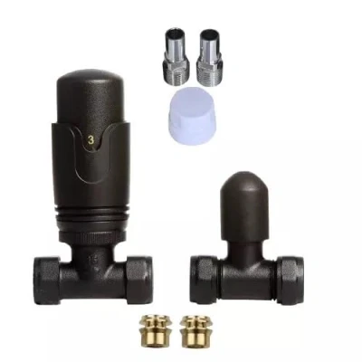 Image of Team Controls Matt Black Straight Towel Rail Thermostatic Radiator Valves TRV &amp; Lockshield Pack Set Pair 8mm inc 2no. Inset Reducer