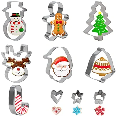 Image of VEYLIN Christmas Cookie Cutters, 10 Piece Biscuit Cutter Gingerbread Man,Snowman,Christmas Tree,Santa Reindeer,Stainless Xmas