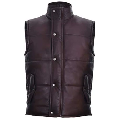 Image of Men&#039;s Tan Leather Puffer Padded Vest Waistcoat XL