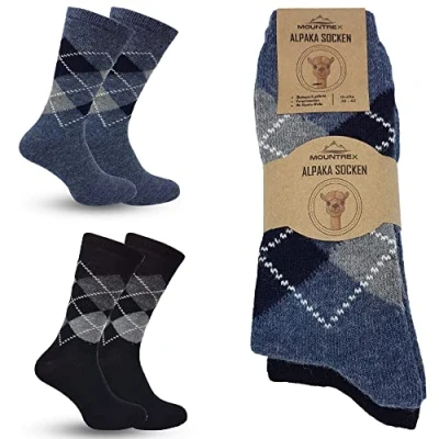 Image of MOUNTREX® Alpaca socks, wool socks for men and women, winter warm house thermal thin, cuddly 2 pairs, Jeans/Black Checked, 39 42