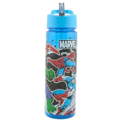 Image of Marvel Avengers Water Bottle with Straw Reusable Kids 600ml PP in Blue Official Merchandise by Polar Gear BPA Free &amp; Recyclable Plastic for School Nursery Sports Picnic, Multi Colour