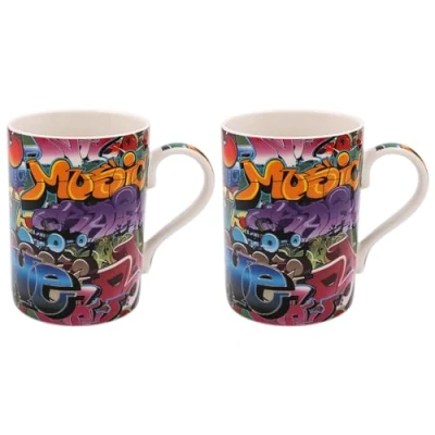 Image of Lesser &amp; Pavey Graffiti Designed Set of 2 Mugs Lovely Stoneware for All Types Kitchens, Homes or Offices Great Mug Gift